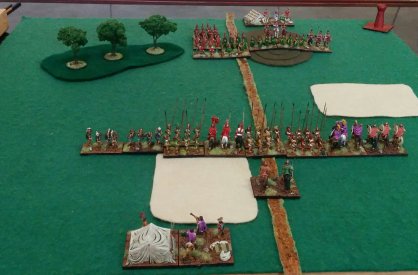 The Romans with their cavalry on the left wing and the right wing in column waiting to deploy. The Triarii are deployed to meet the Xystophoroi.
